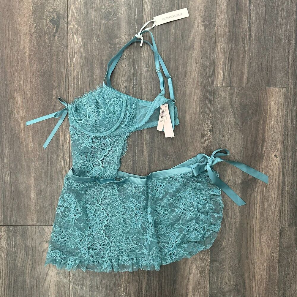NWT Victoria's Secret Wicked Rose Lace Jade Blue Apron Lingerie Slip Size Large - Picture 6 of 14